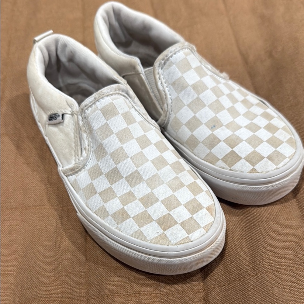 Vans Kids Checkered Slip-On Shoes - White and Tan